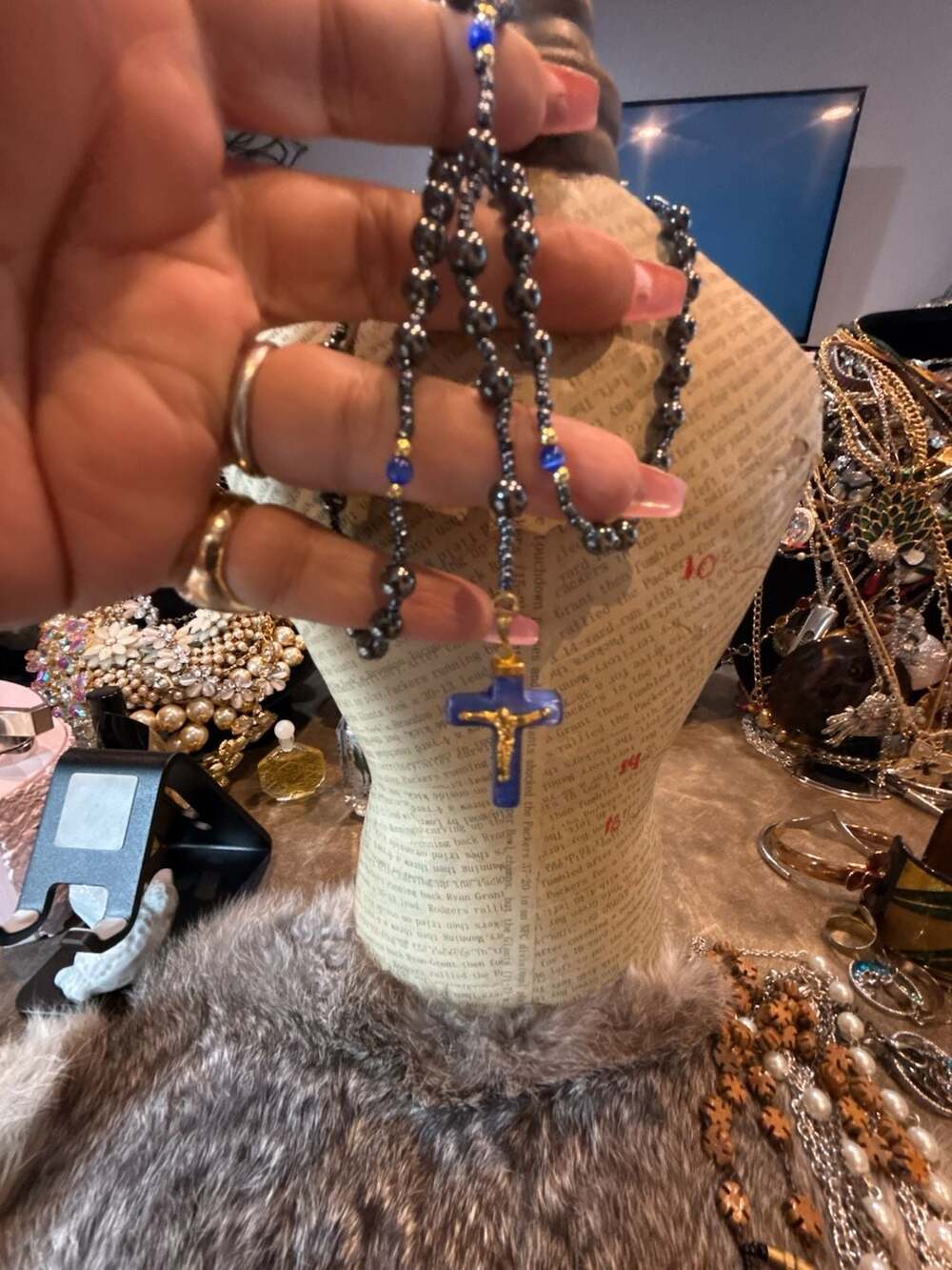 Hematite And Blue Glass Bead Rosary Necklace With Crucifix